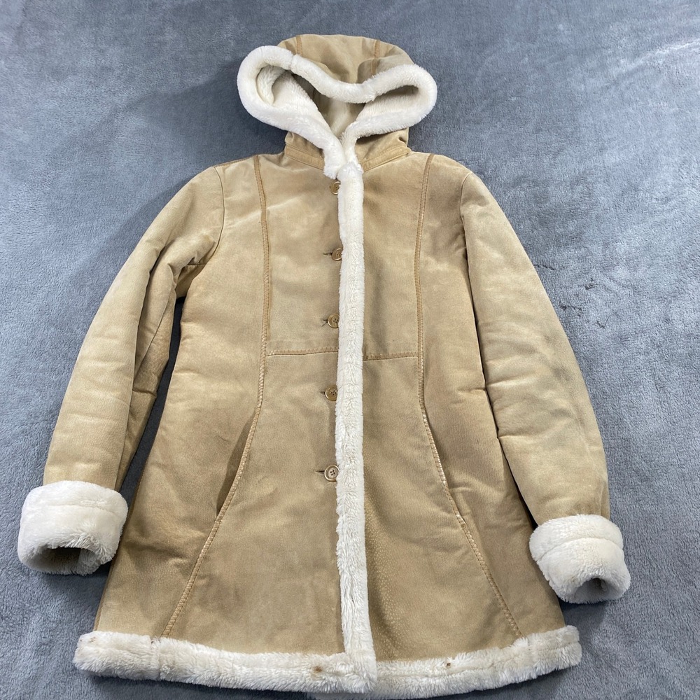 Marvin Richards Women's Tan Suede Sherpa Lined Hooded Winter Coat XS Chore Barn